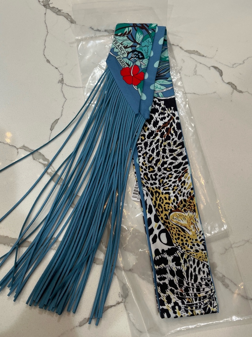 Blue Fringe Animal Print twilly Scarf Twilly